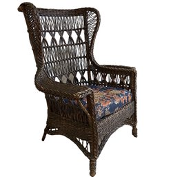Antique Victorian Bar Harbor Wicker Wing Chair With Magazine Rack Arm