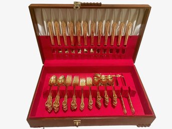 Vintage Gold Electroplated Flatware In Wooden Case - 92 Pieces