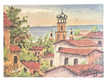 Signed Watercolor Print 'Mexican Town' By Montalban Vallarta