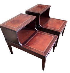Pair Of Vintage Henredon Mahogany And Tooled Leather End Tables