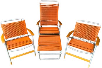 1970s Orange Folding Strap Lawn Chairs & Chaise -Three Pieces