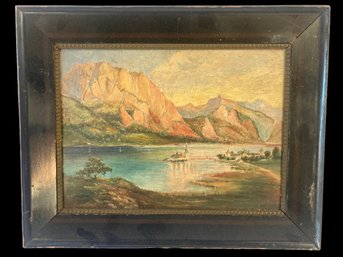 Antique Scenic Oil On Board In Wood Frame