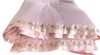 A Pair Of Vintage Pink Bedspreads With A Floral Embroidered Border (S)