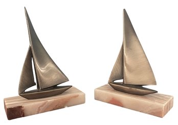 Pair Of Vintage Bookends - Brass Sailboats On Onyx Base