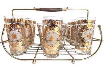 MCM Georges Briard Gold Royal Crown Shield High Ball Glasses & Ice Bucket In Caddie