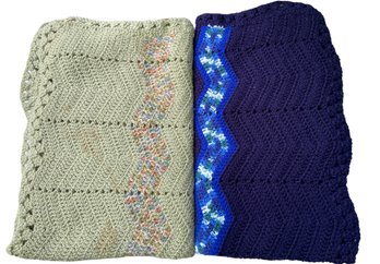 Two Vintage Hand Crocheted Chevron Pattern Throw Blankets