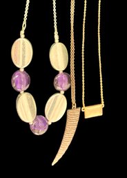 Jewelry 3 Costume Necklaces A Golden Block Horn And Purple And White Beads