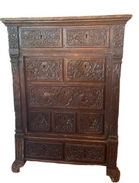 Antique Flemish Renaissance Carved Wood Chest Of Various Sized Drawers