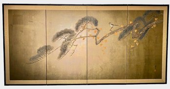 Vintage Hand Painted Four Panel Wall Mounted Japanese Screen