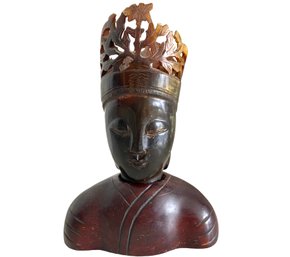 Vintage Hand Carved Wood And Horn Tribal Bust