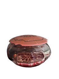 Vintage Pink Glass Cold Cream / Vanity Jar With Embossed Lid