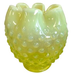 Vintage Fenton Uranium Glass, Hob Nail Yellow Rose Vase