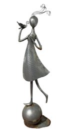 Metal Figural Garden Sculpture Of Girl & Butterfly  - 39' Tall