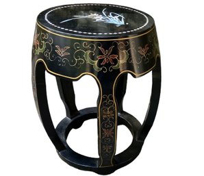 Vintage Hand Painted Asian Stool With Mother Of Pearl Inlay