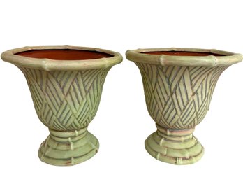 Pair Of Vintage Faux Bamboo Terra Cotta Planters