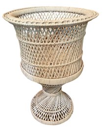 Vintage White Wicker & Cane Pedestal Plant Stand