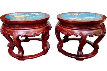 Pair Of Fine Vintage Rosewood Side Tables With Enamel Cloisonne Tops