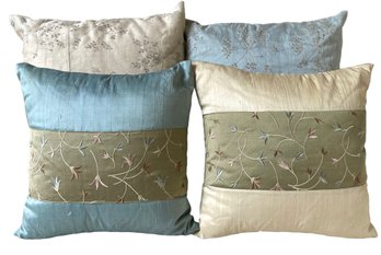 Four Custom Silk Throw Pillow With Embroidered And Metallic Thread