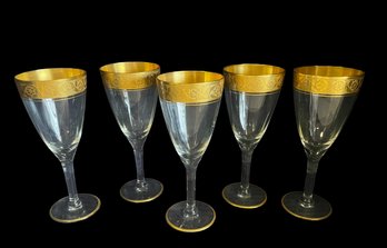 Five Vintage Gold Etched Wine Glasses