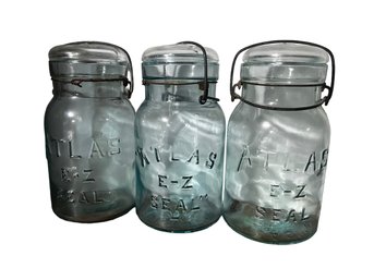 Vintage Blue/green Atlas E-Z Seal Bail Top Canning Jars - Set Of 3