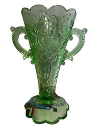 Vintage Uranium Glass Trophy Style Tapered Vase With Floral Pattern