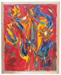 Signed Bright Oil On Canvas Abstract Flowers (C-10)