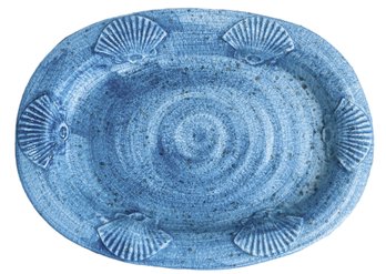 Large Blue Italian Stoneware Platter With Shell Motif
