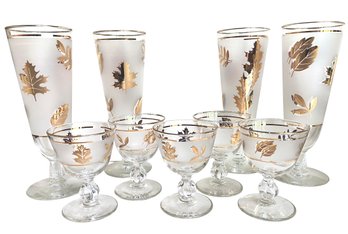 Set Of Nine MCM Libbey Golden Foliage Cocktail Glasses
