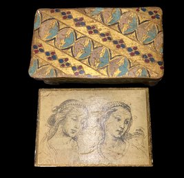 2 Beautiful Florentine Antique Boxes Made In Italy One Marked BC And Is Footed