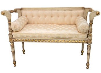 Empire Style Antiqued White & Gold Settee Bench With Silk Upholstery