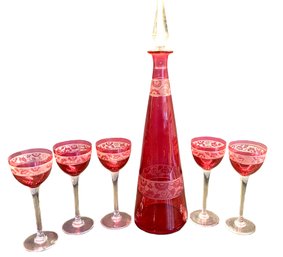 Tall Red Glass Decanter Cordial Set