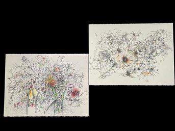 One Signed, One Unsigned Eugenia Joyce Fayen (Amer. 20th Cent.) Ink And Colored Pencil, Florals