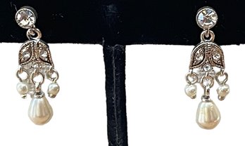 Vintage Monet Clear Stone And Faux Pearl Pierced Earrings