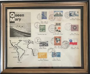 Vintage 1967 Queen Mary Cruise Itinerary Map With Port Of Call Postage Stamps