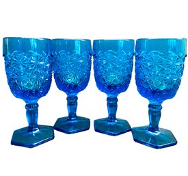Four Vintage Daisy Stemmed Blue Goblets
