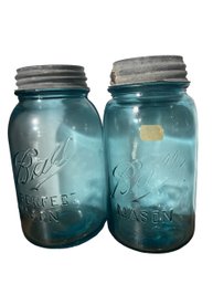 Pair Of Blue Vintage 20's Era Ball Mason Jars With Galvanized Screw Top