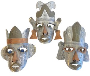 Three Vintage Tin Brass And Copper Tribal Masks