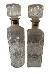 Pair Of Vintage Glass Whiskey Decanters With Square Cube Stoppers