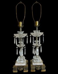 Pair Of Antique Brass & Cut Crystal PrismTable Lamps