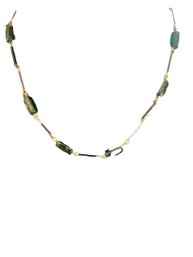 Green Art Glass Beaded Necklace With Gold Wire Links