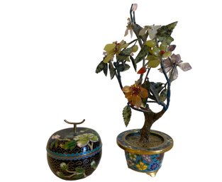 Vintage Chinese Cloisonne  Bonsai Tree And Covered Jar