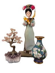 Miniature Chinese Jade & Geode Tree, Silk Doll & Cloissione Jar