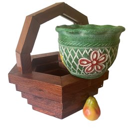 Vintage Hexagon Wood Plant Holder With Mexican Pottery