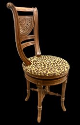 Vintage Swivel Top Ladies Chair Wood Back With Caning And A Leopard Fabric Seat