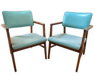 Pair Of MCM Walnut Arm Chairs With Original Upholstery By Jasper Seating