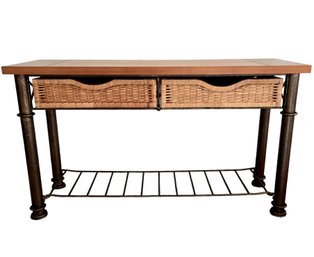 Pine & Iron Sofa Table With Basket Storage