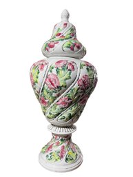 Hand Decorated Twisted Ceramic Urn With Floral Design