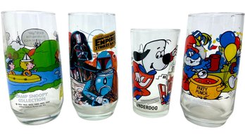 Four Vintage Character Glasses Including Snoopy, Underdog, The Smurfs And Star Wars