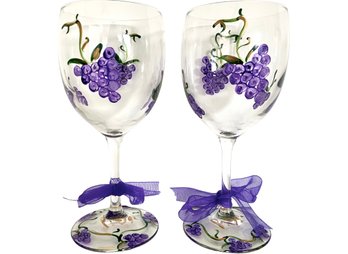 A Pair Of Signed Hand Painted Red Wine Glasses 7.5'