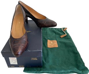 New In Box $940 Retail-  Polo Ralph Lauren Pumps Brown Crocodile Size 6B (RB)